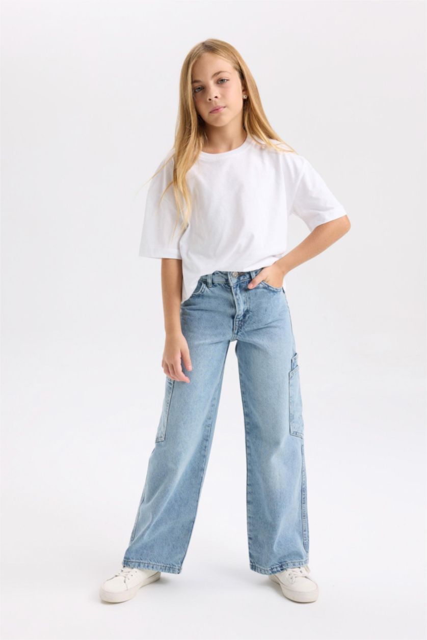 Girls & Teens Blue Girl Wide Leg Pocket Cargo Jeans