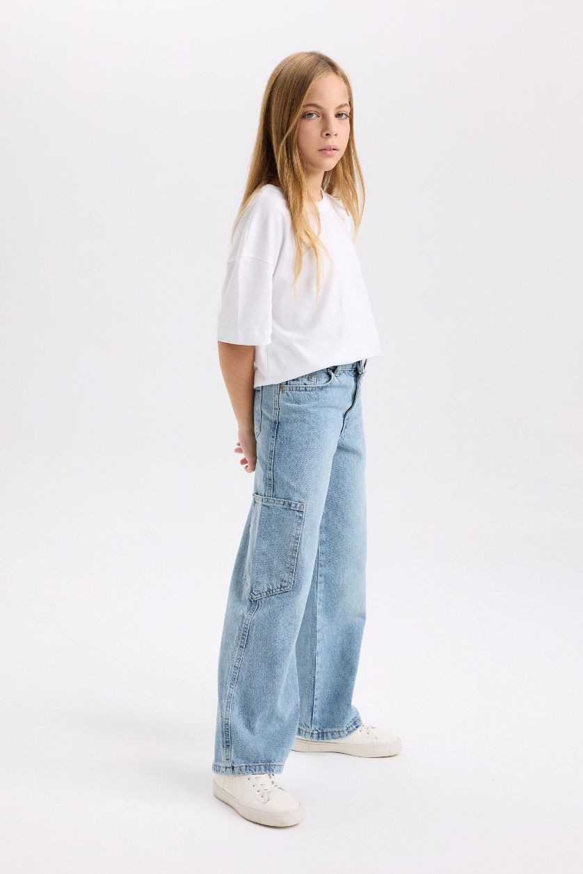 Girls & Teens Blue Girl Wide Leg Pocket Cargo Jeans