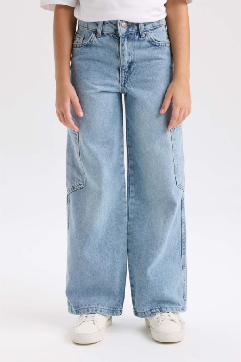 Girls & Teens Blue Girl Wide Leg Pocket Cargo Jeans