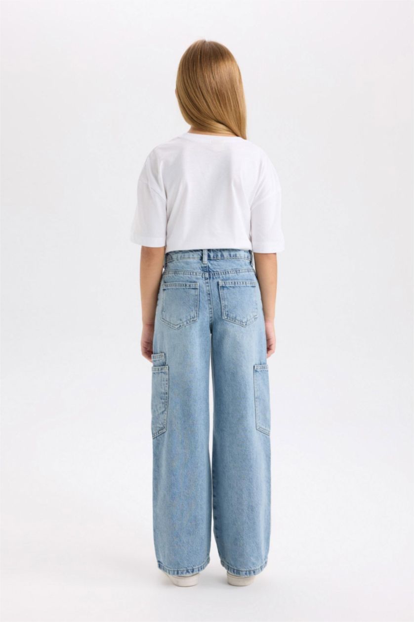 Girls & Teens Blue Girl Wide Leg Pocket Cargo Jeans
