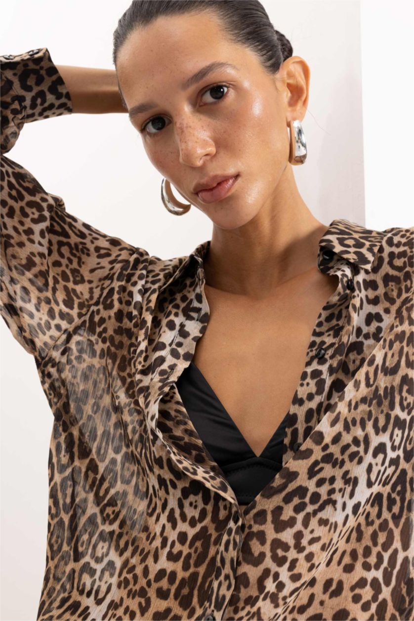 Әйелдерге ашық реңк қалыпты пішім leopard Ұзын жеңді көйлек