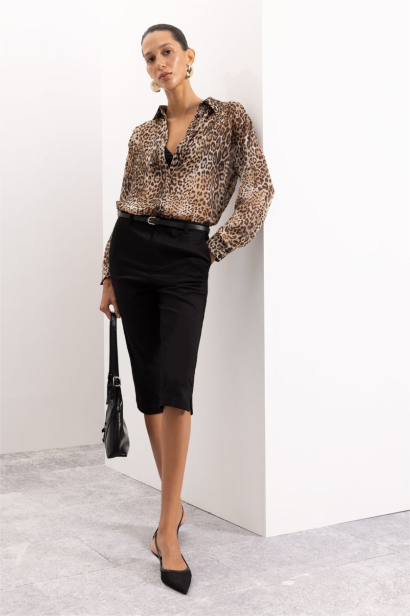 Әйелдерге ашық реңк қалыпты пішім leopard Ұзын жеңді көйлек