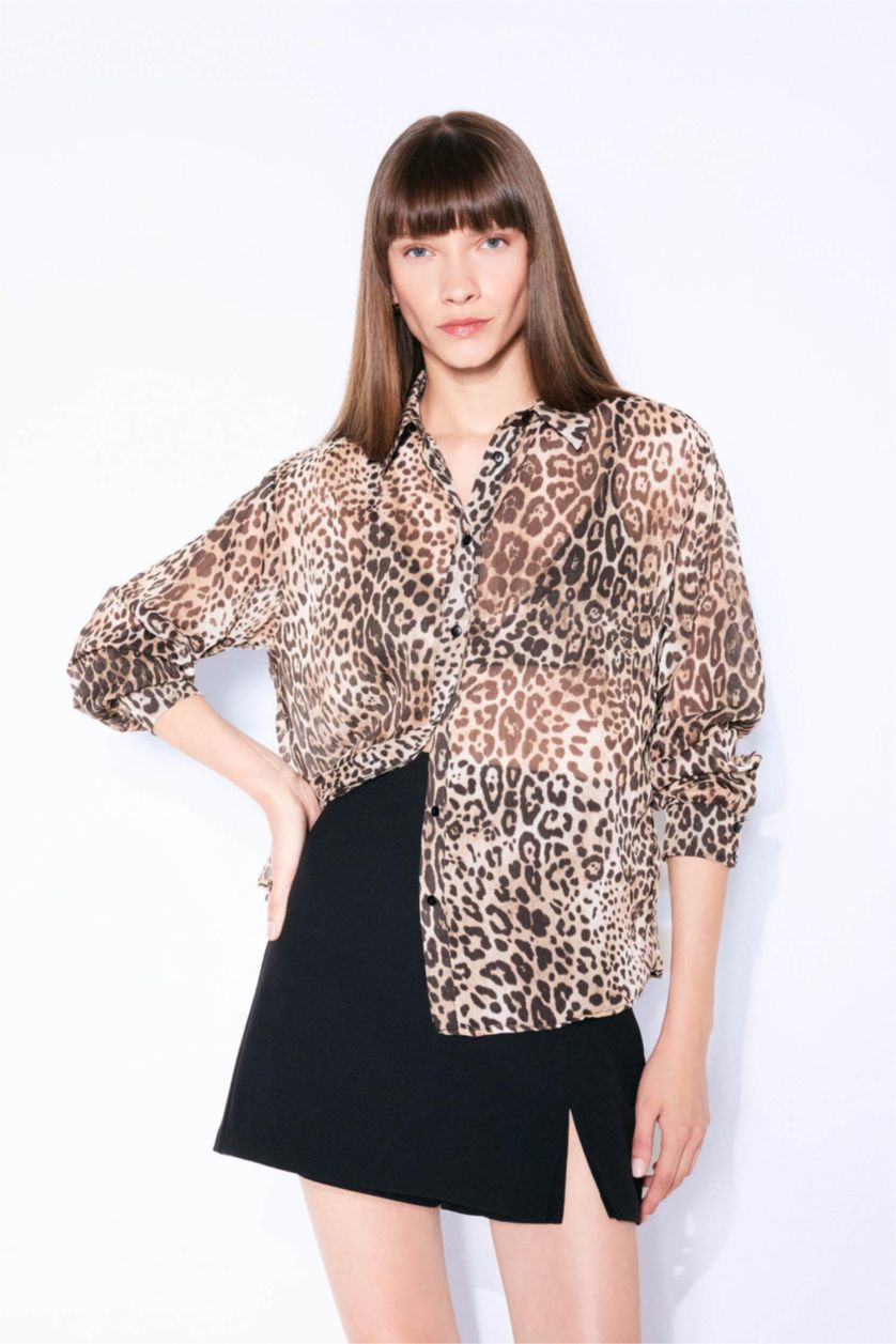 Әйелдерге ашық реңк қалыпты пішім leopard Ұзын жеңді көйлек