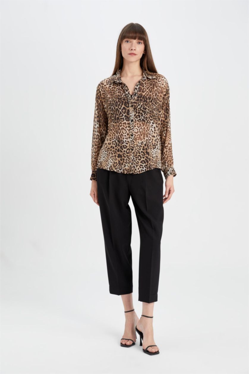 Әйелдерге ашық реңк қалыпты пішім leopard Ұзын жеңді көйлек