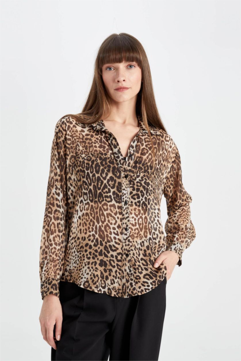 Әйелдерге ашық реңк қалыпты пішім leopard Ұзын жеңді көйлек