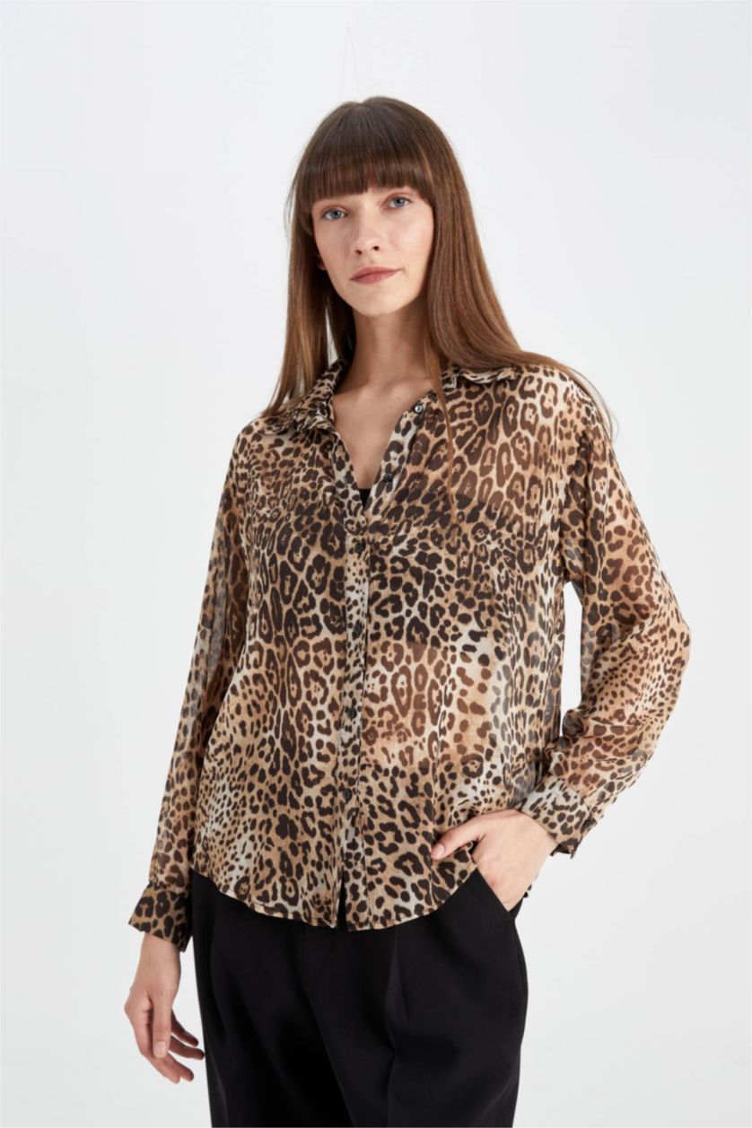 Әйелдерге ашық реңк қалыпты пішім leopard Ұзын жеңді көйлек