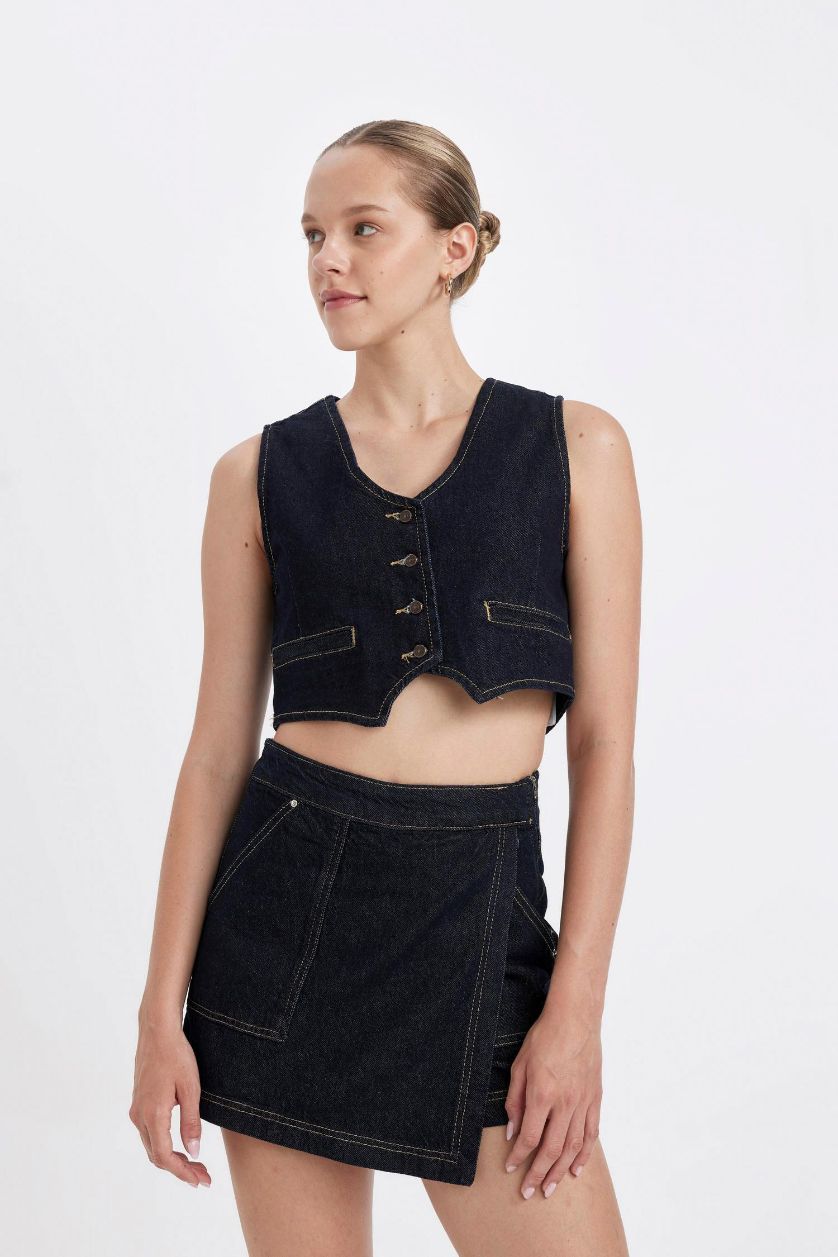 نساء أزرق غامق شورت تنورة من جينز بخصر عالي و جيب