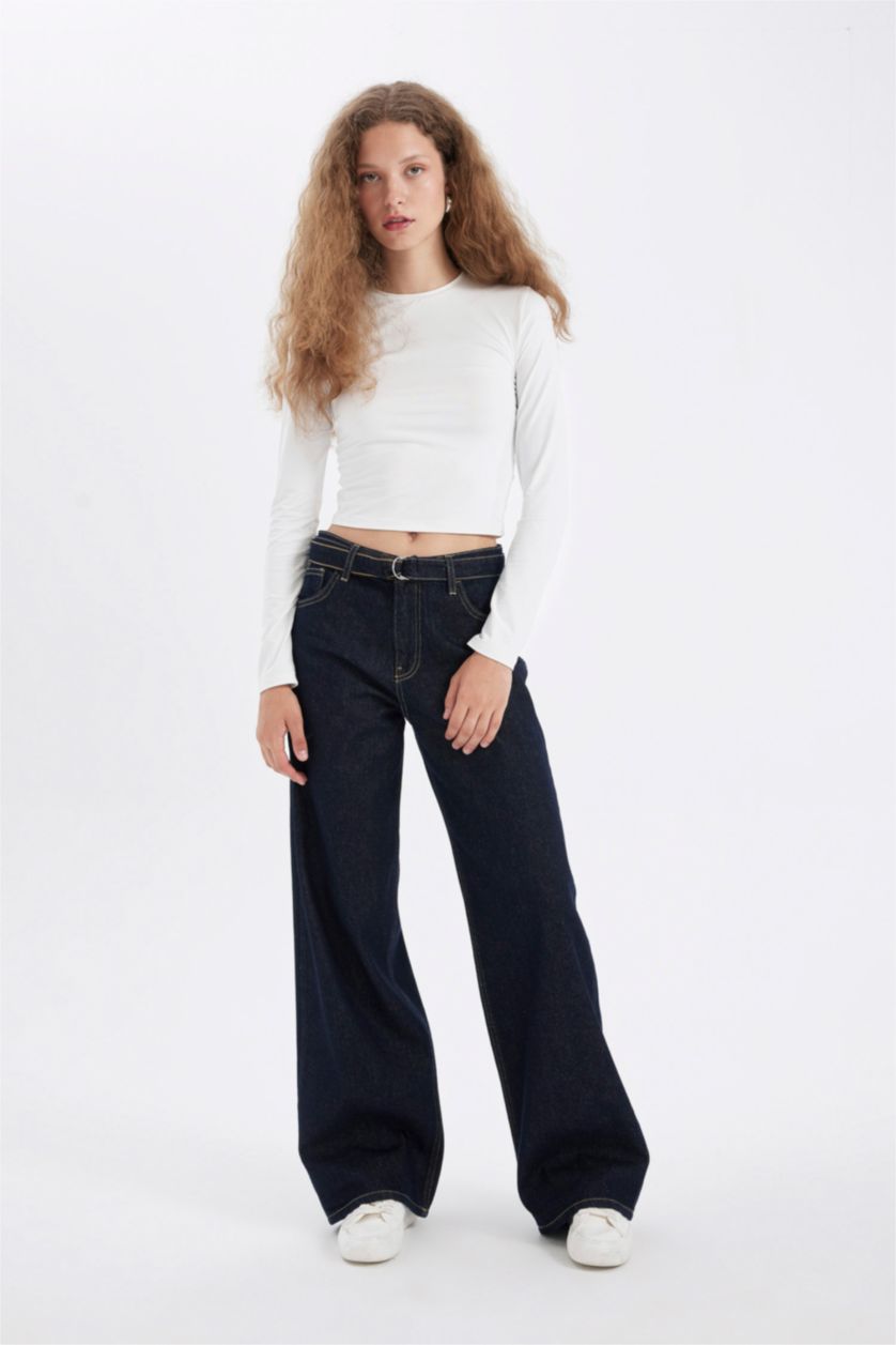 نساء أزرق غامق سروال جينز واسع برجل واسع وخصر عادي