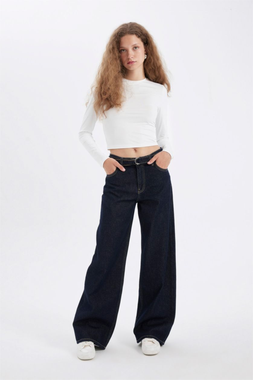 نساء أزرق غامق سروال جينز واسع برجل واسع وخصر عادي