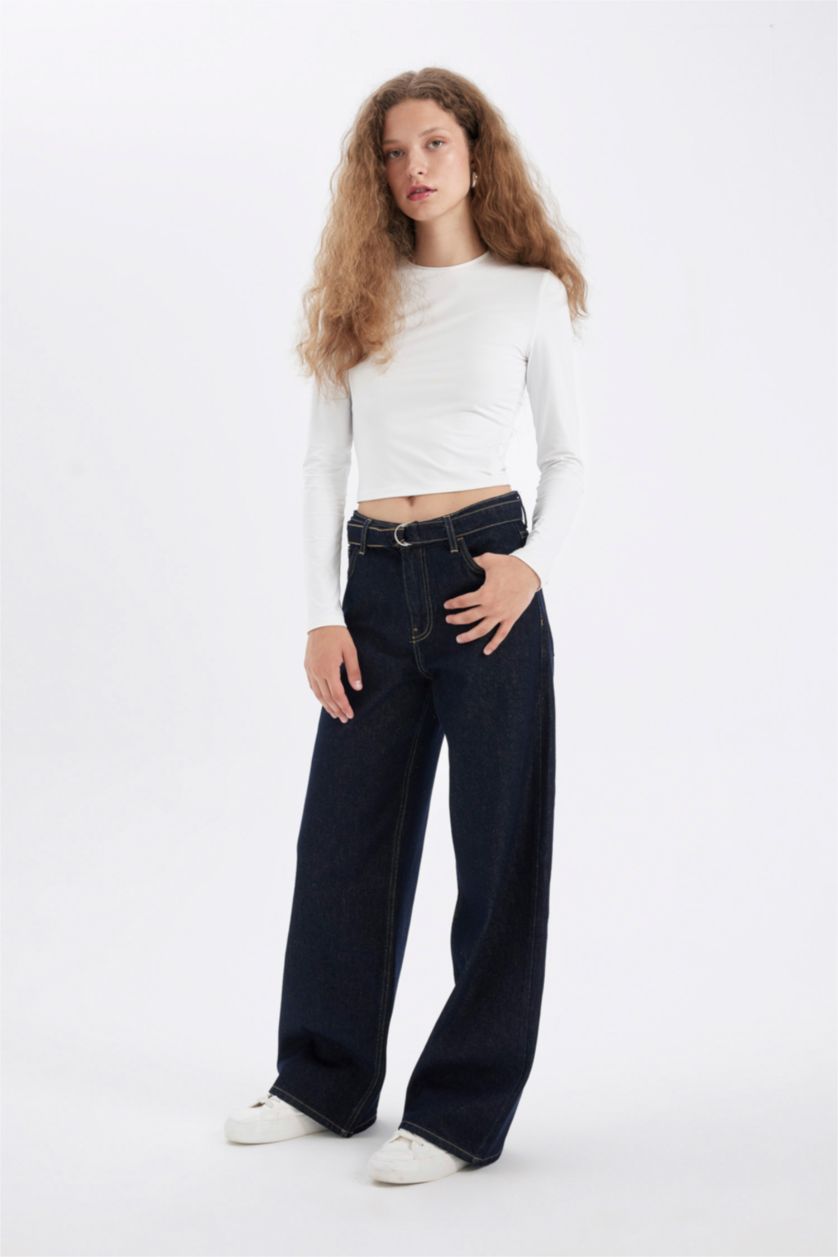 نساء أزرق غامق سروال جينز واسع برجل واسع وخصر عادي