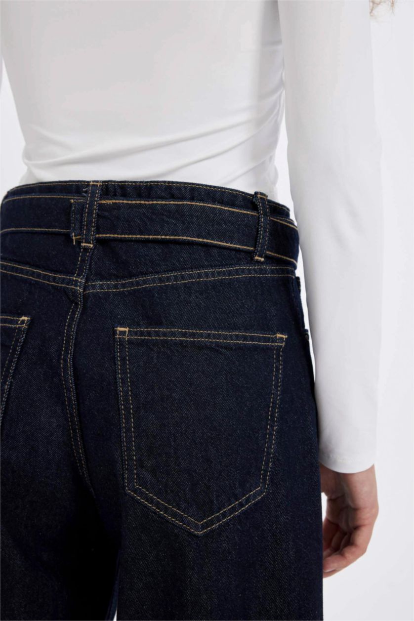 نساء أزرق غامق سروال جينز واسع برجل واسع وخصر عادي