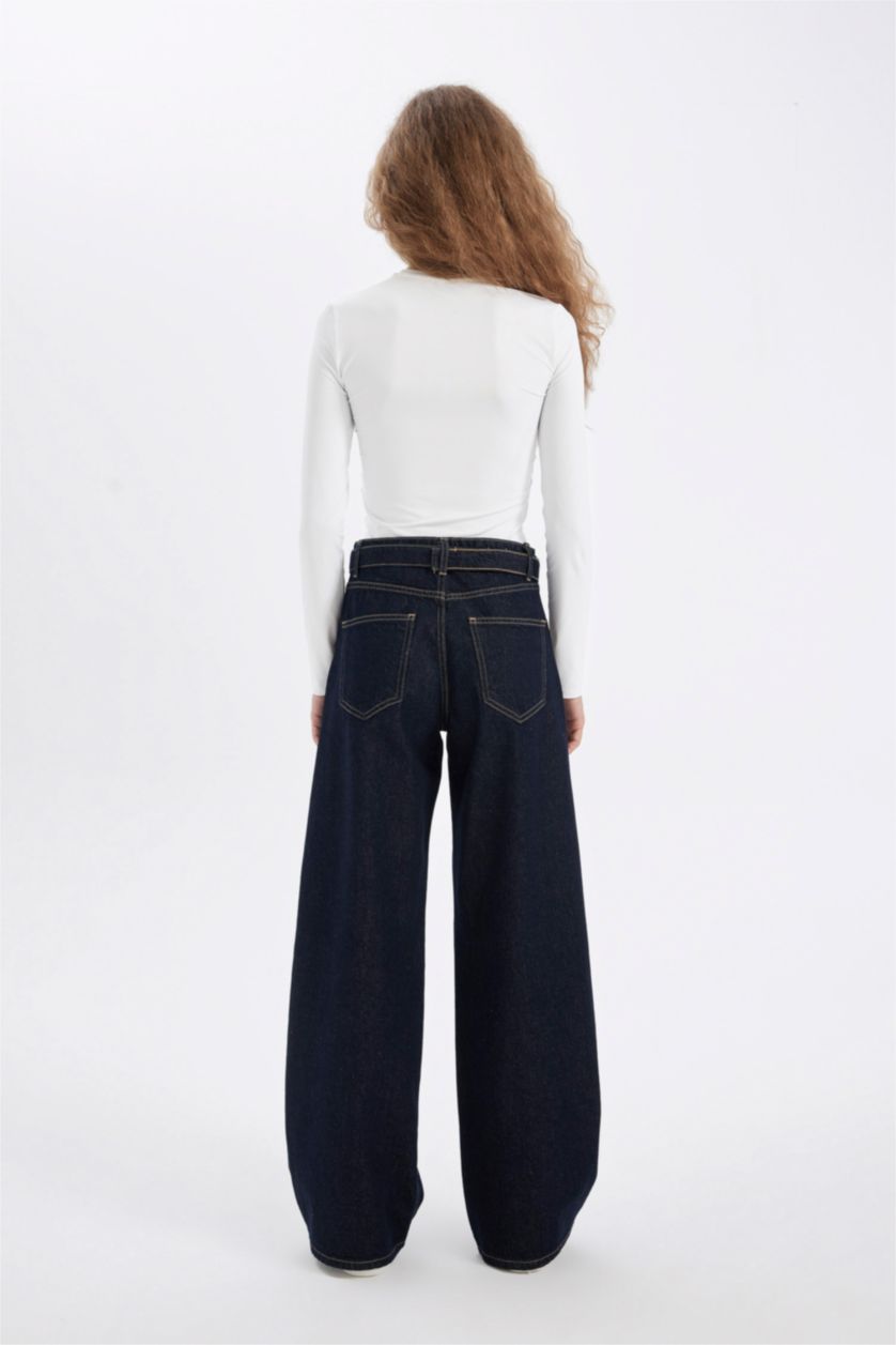 نساء أزرق غامق سروال جينز واسع برجل واسع وخصر عادي
