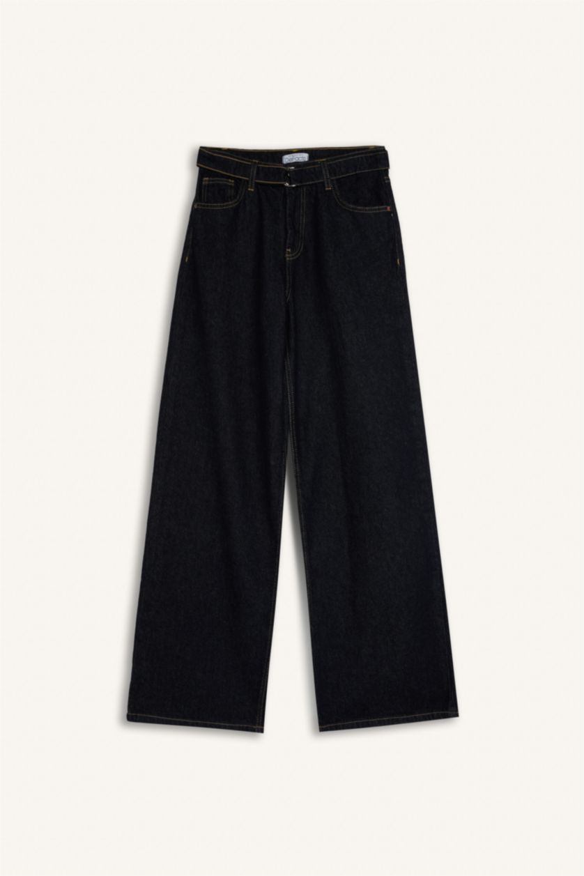 نساء أزرق غامق سروال جينز واسع برجل واسع وخصر عادي