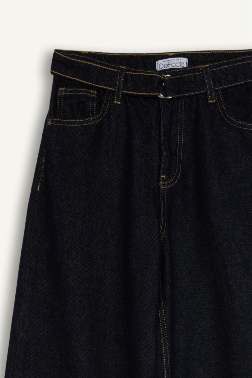 نساء أزرق غامق سروال جينز واسع برجل واسع وخصر عادي