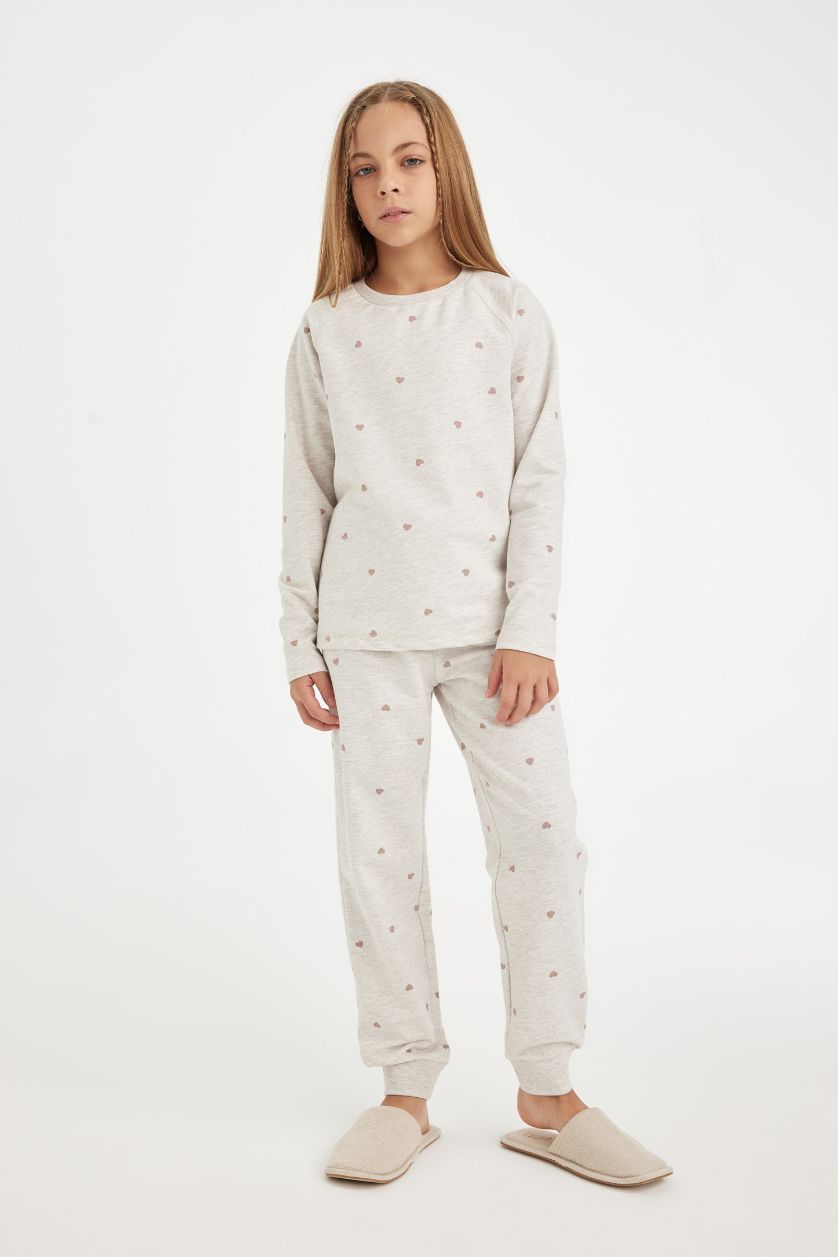 Kız Çocuk - Genç Kız Taş Kız Çocuk Pijama Takımı Kalp Baskılı Uzun Kollu Üst Uzun Alt