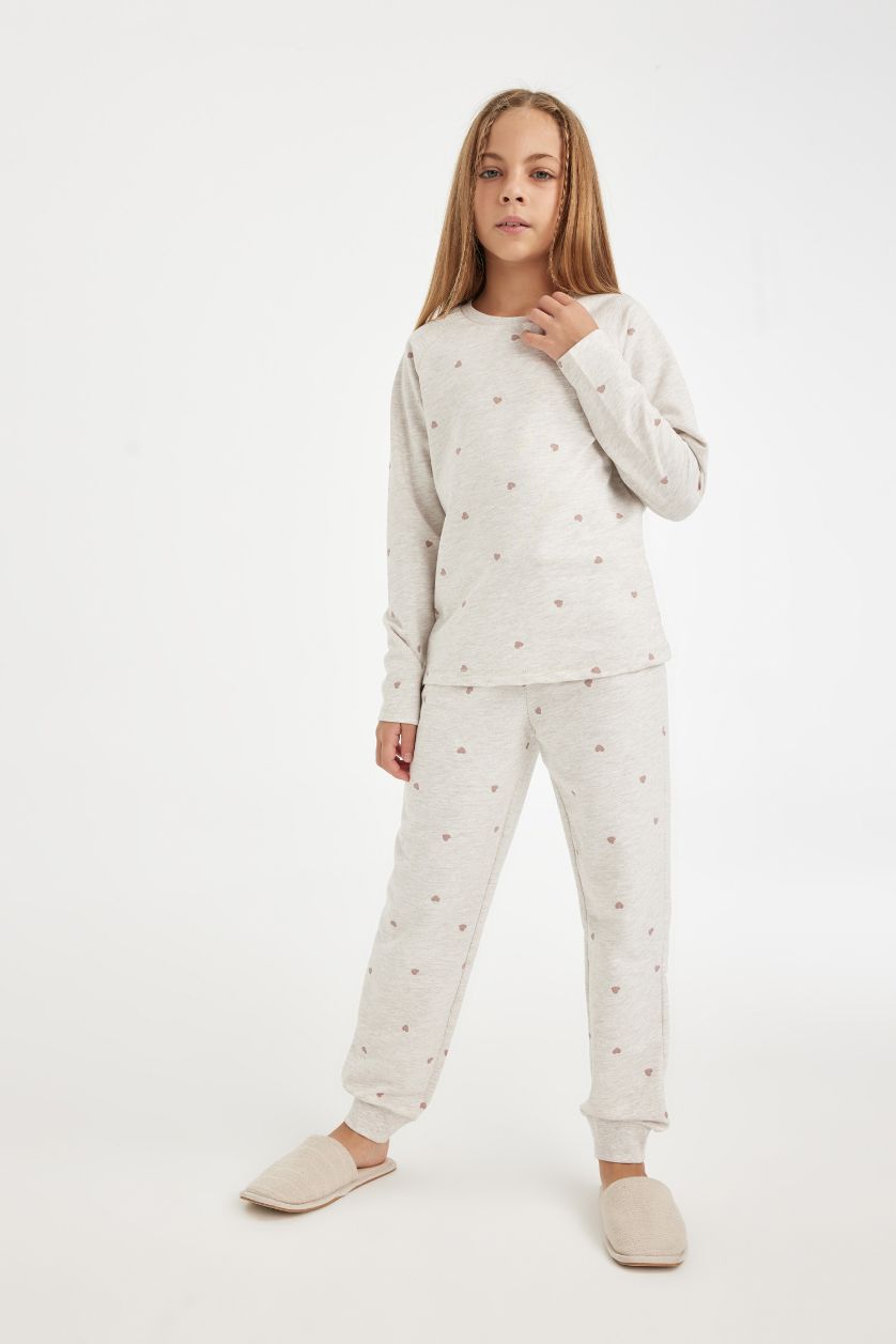 Kız Çocuk - Genç Kız Taş Kız Çocuk Pijama Takımı Kalp Baskılı Uzun Kollu Üst Uzun Alt