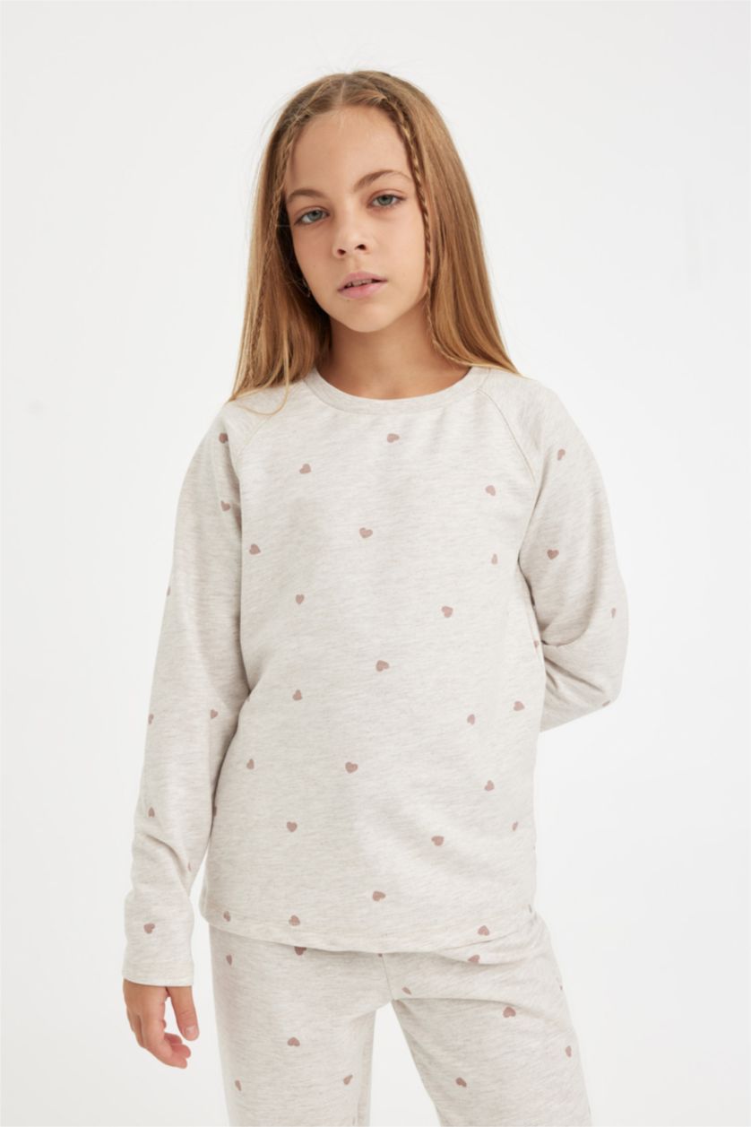 Kız Çocuk - Genç Kız Taş Kız Çocuk Pijama Takımı Kalp Baskılı Uzun Kollu Üst Uzun Alt