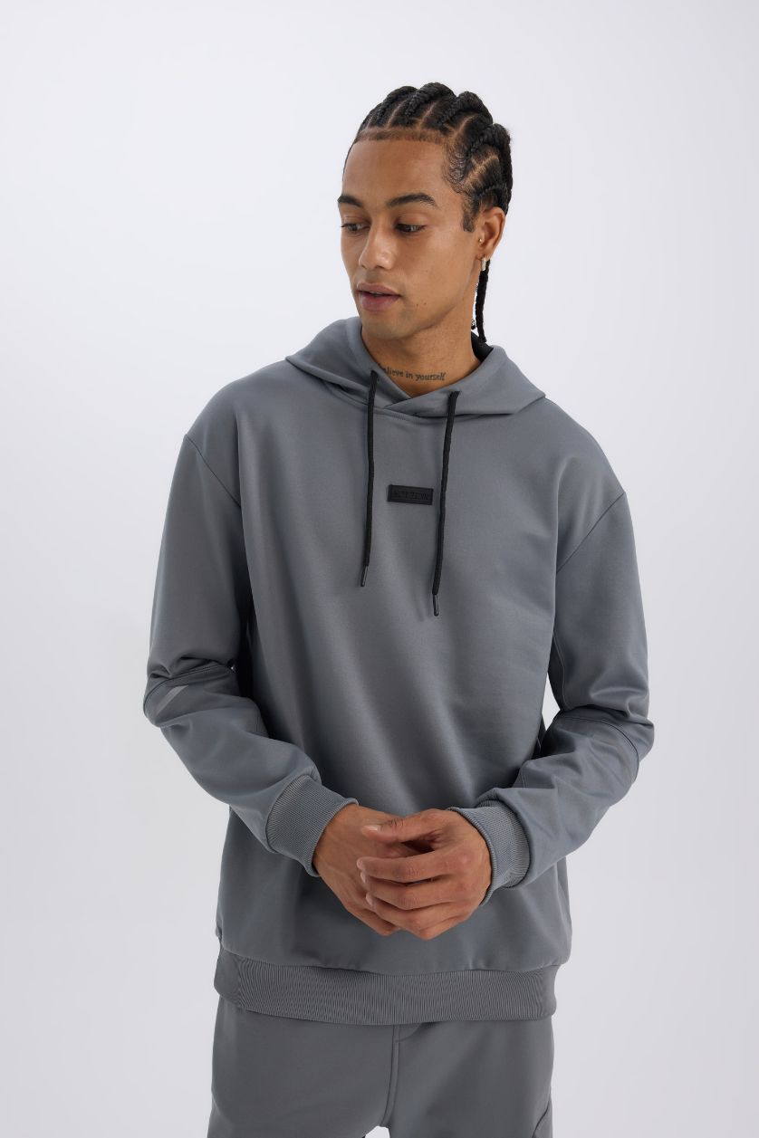 Erkek Gri Standart Fit Kapüşonlu Basic Düz Sporcu Sweatshirt