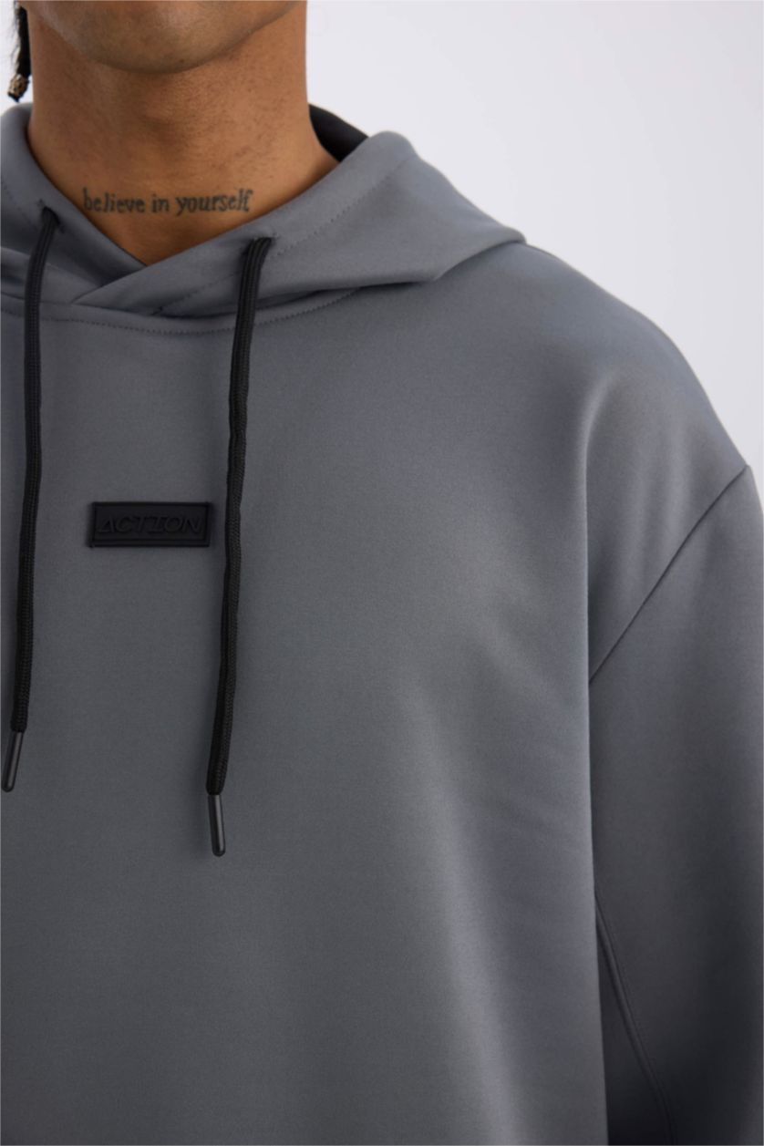 Erkek Gri Standart Fit Kapüşonlu Basic Düz Sporcu Sweatshirt