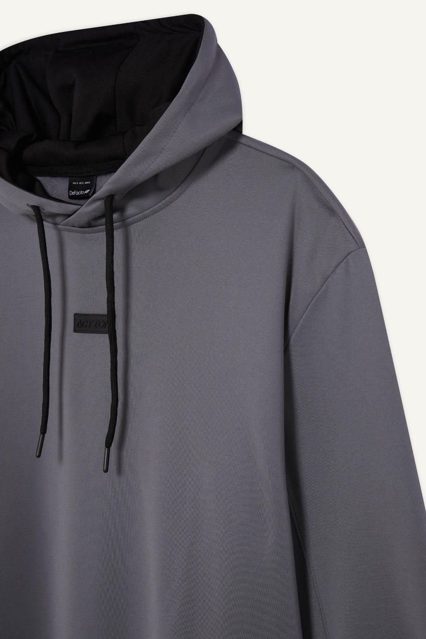 Erkek Gri Standart Fit Kapüşonlu Basic Düz Sporcu Sweatshirt