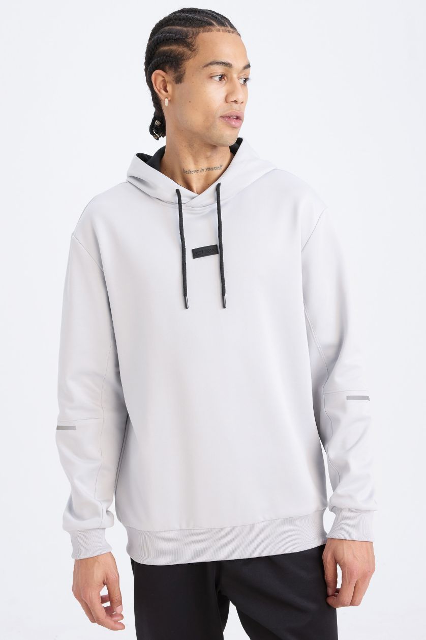 Erkek Açık Gri Standart Fit Kapüşonlu Basic Düz Sporcu Sweatshirt