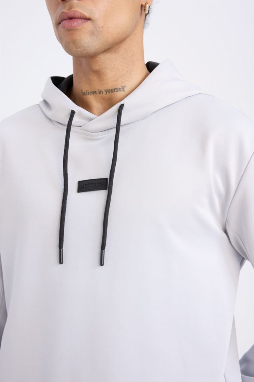 Erkek Açık Gri Standart Fit Kapüşonlu Basic Düz Sporcu Sweatshirt
