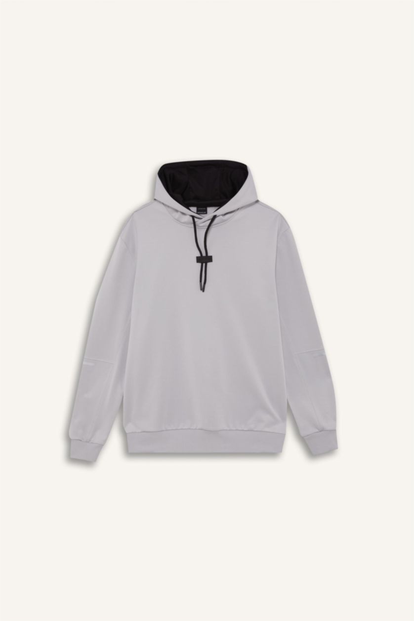 Erkek Açık Gri Standart Fit Kapüşonlu Basic Düz Sporcu Sweatshirt
