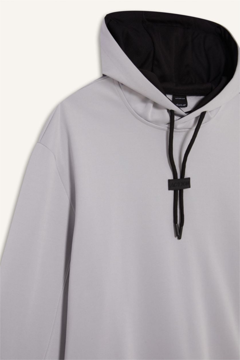 Erkek Açık Gri Standart Fit Kapüşonlu Basic Düz Sporcu Sweatshirt