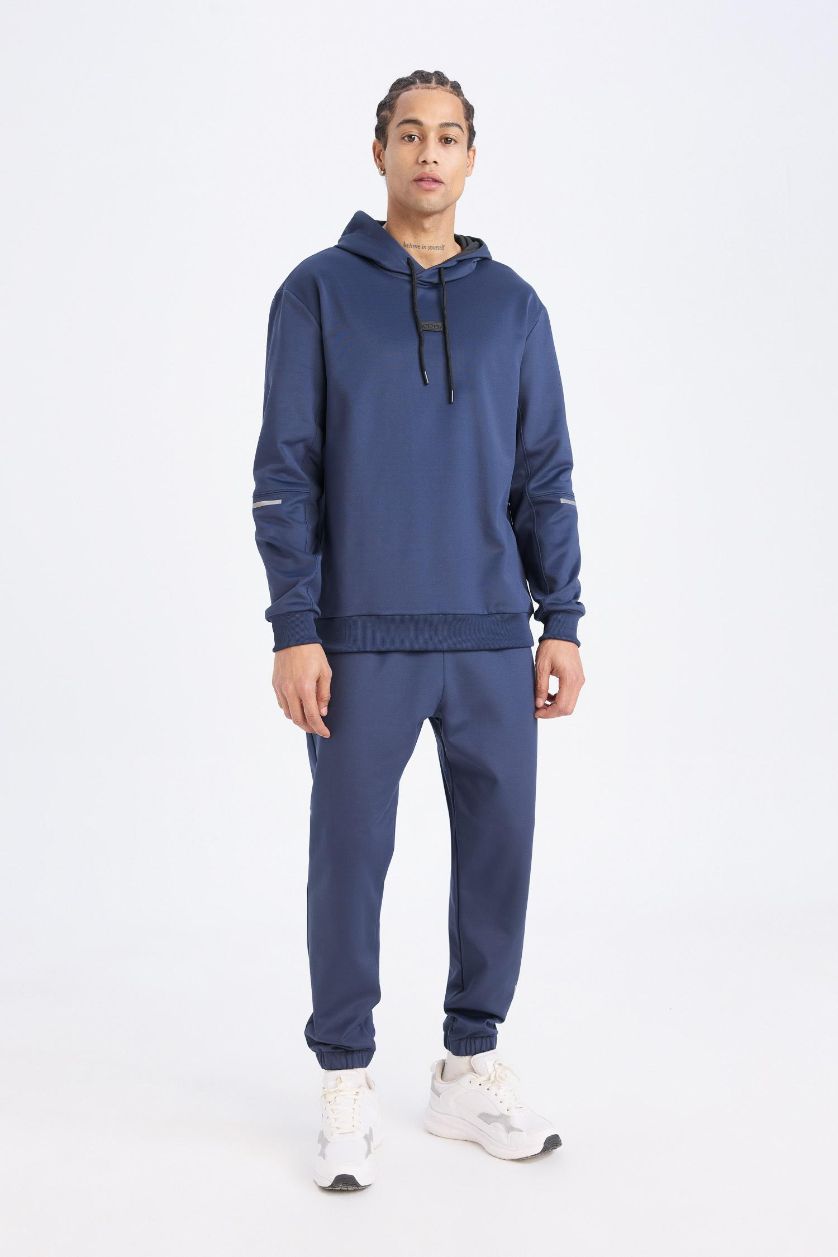 Erkek Lacivert Standart Fit Kapüşonlu Basic Düz Sporcu Sweatshirt