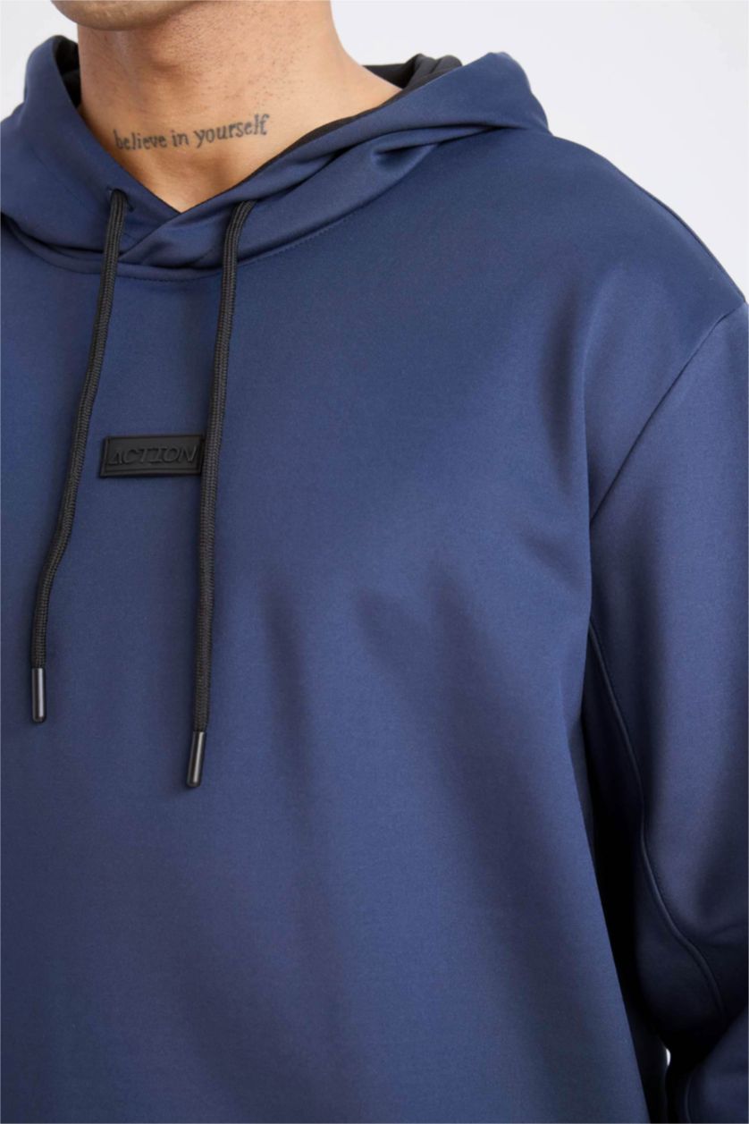 Erkek Lacivert Standart Fit Kapüşonlu Basic Düz Sporcu Sweatshirt