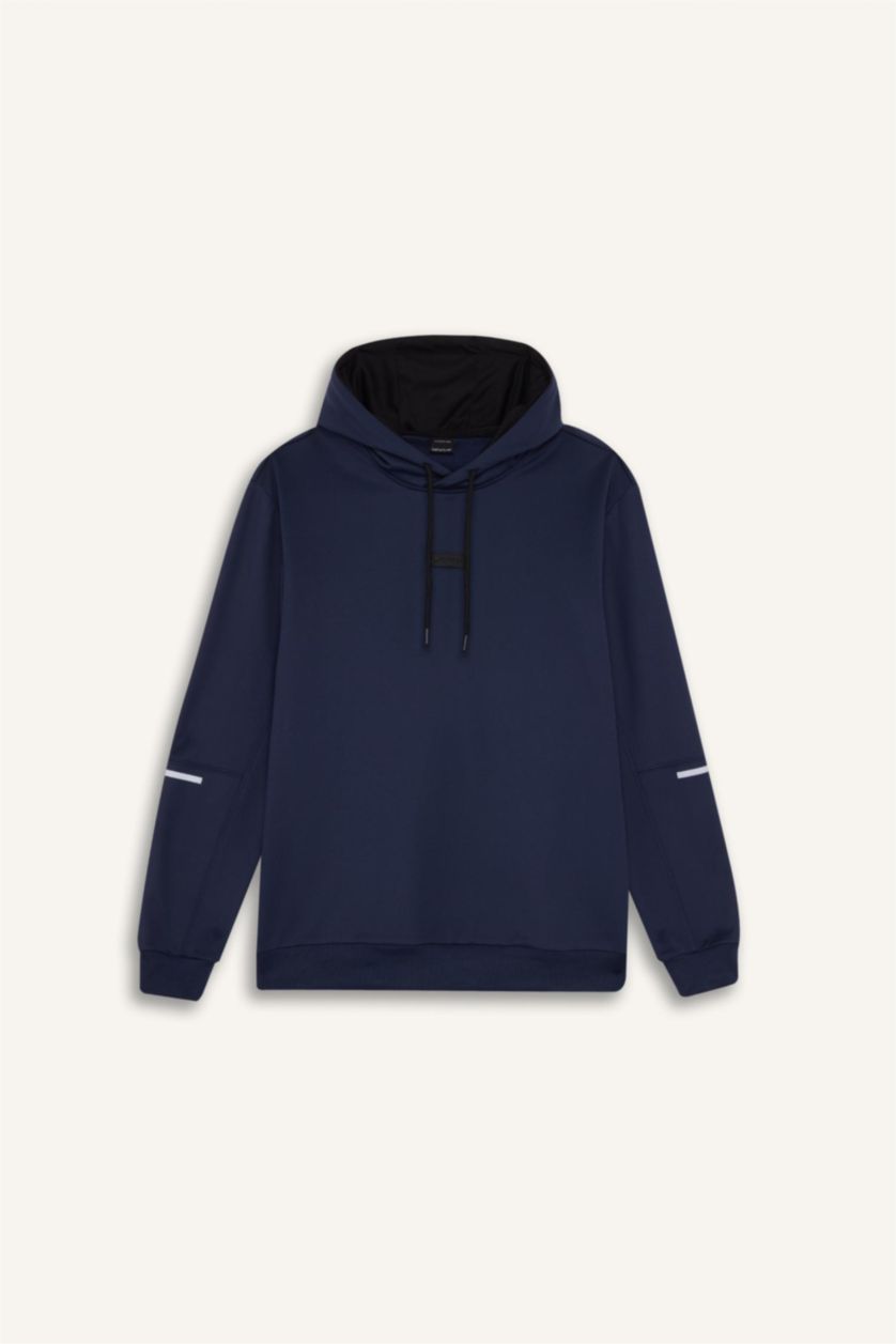 Erkek Lacivert Standart Fit Kapüşonlu Basic Düz Sporcu Sweatshirt
