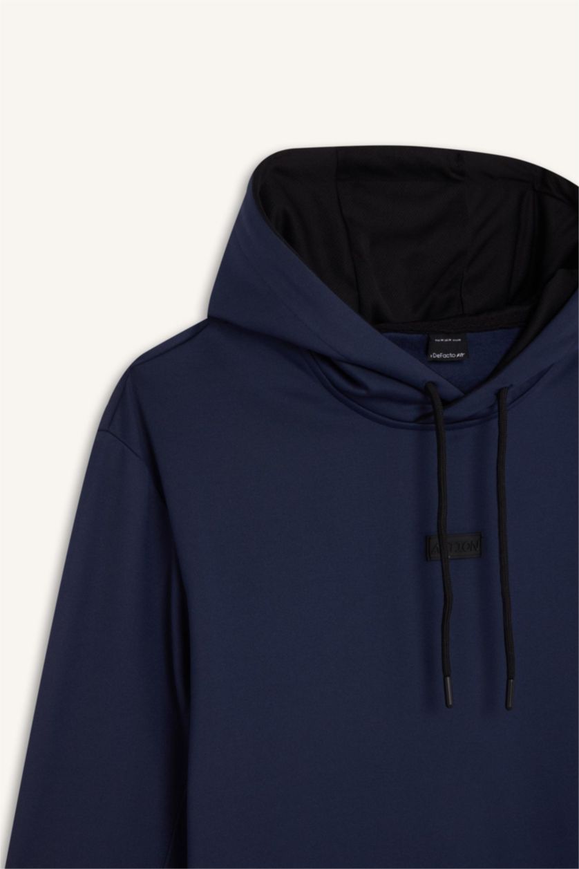 Erkek Lacivert Standart Fit Kapüşonlu Basic Düz Sporcu Sweatshirt