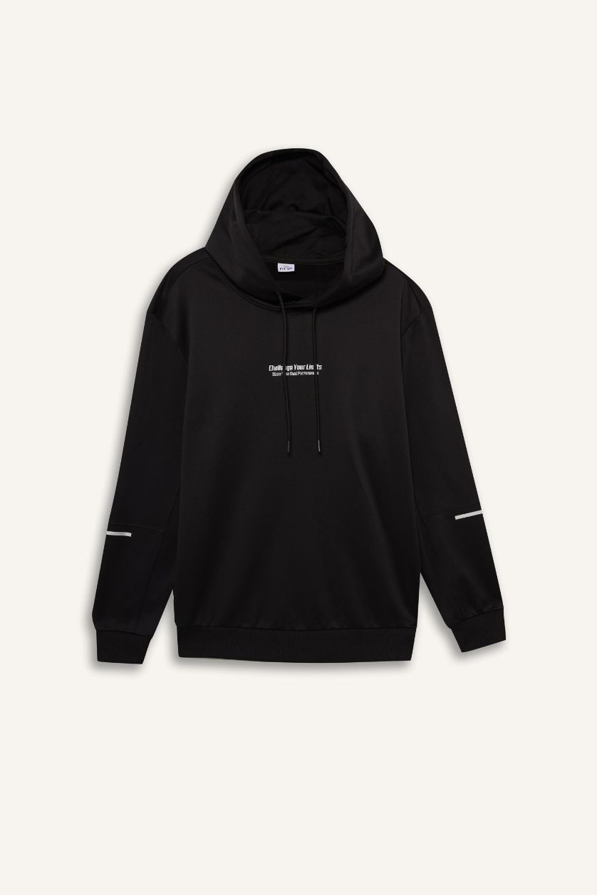 Erkek Siyah Standart Fit Kapüşonlu Sporcu Sweatshirt