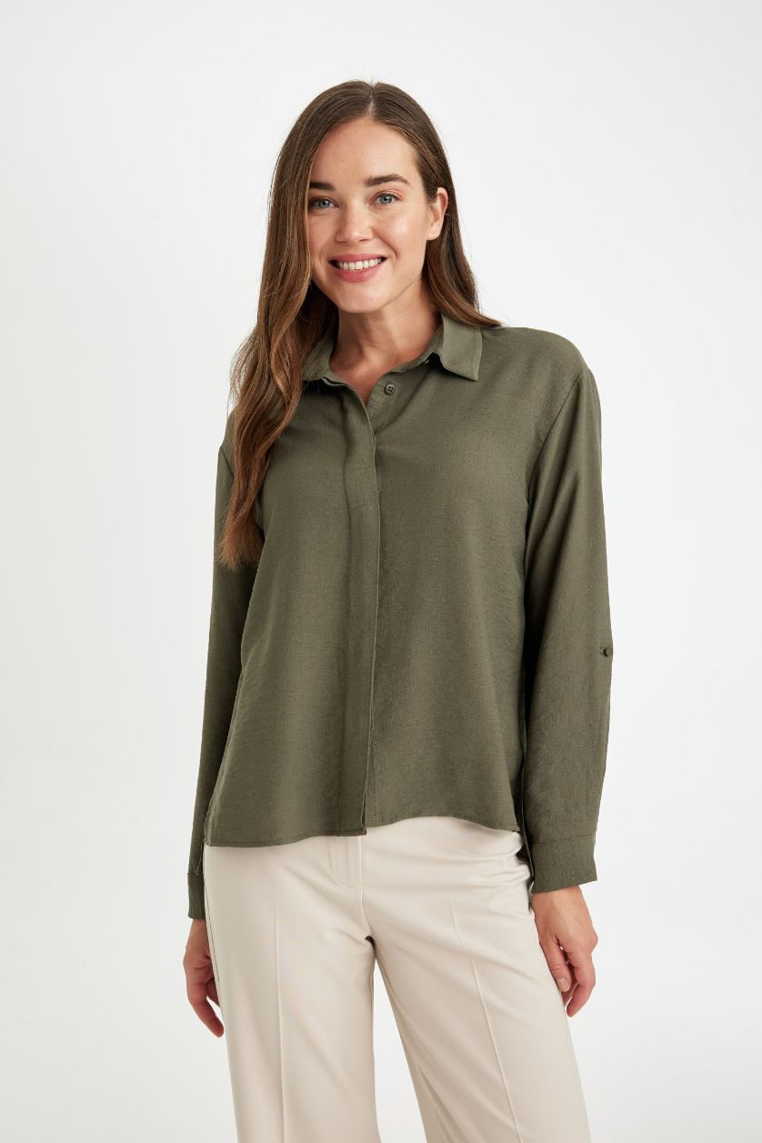 WOMAN Dark Khaki Regular Fit Shirt Collar Long Sleeve Blouse