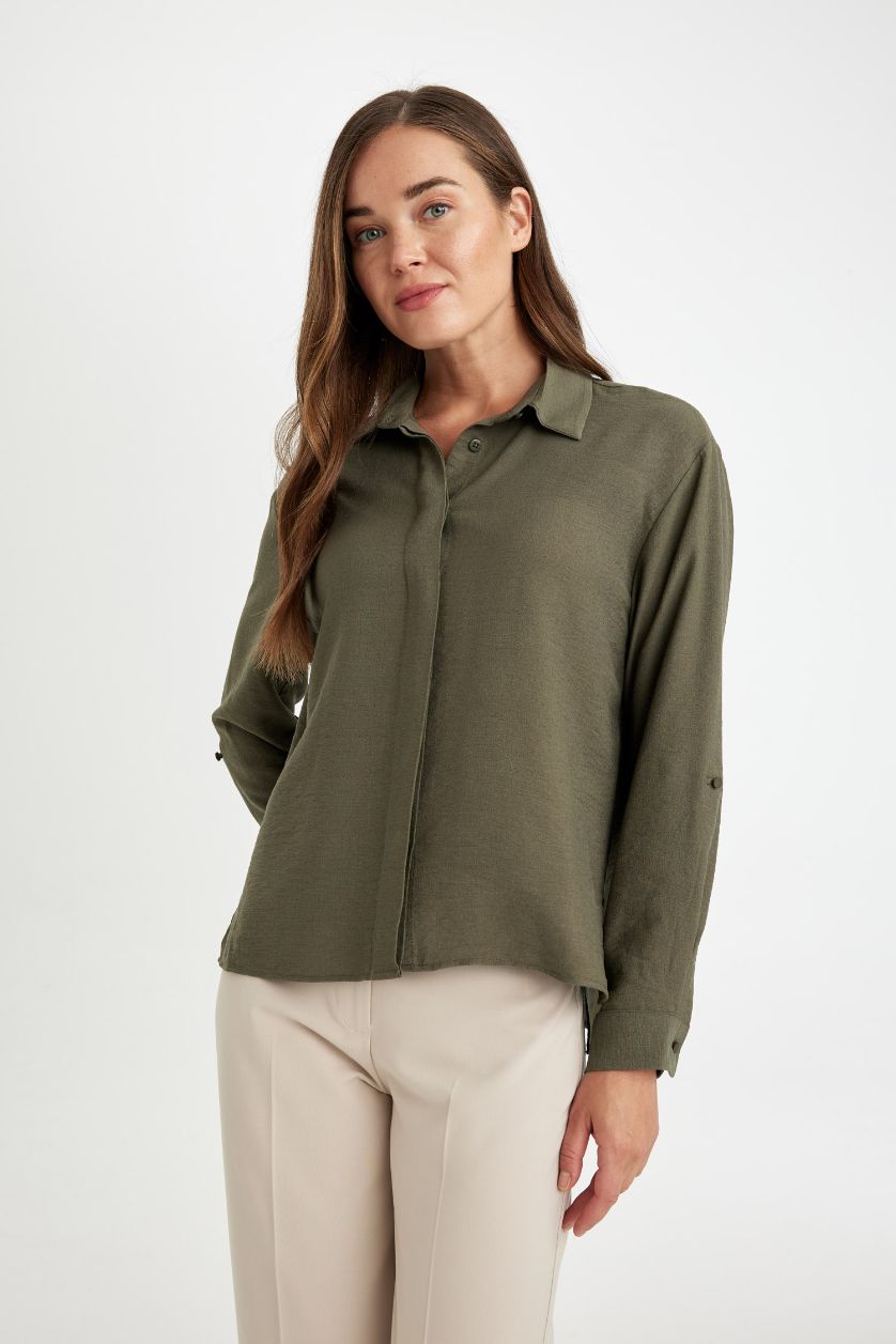 WOMAN Dark Khaki Regular Fit Shirt Collar Long Sleeve Blouse