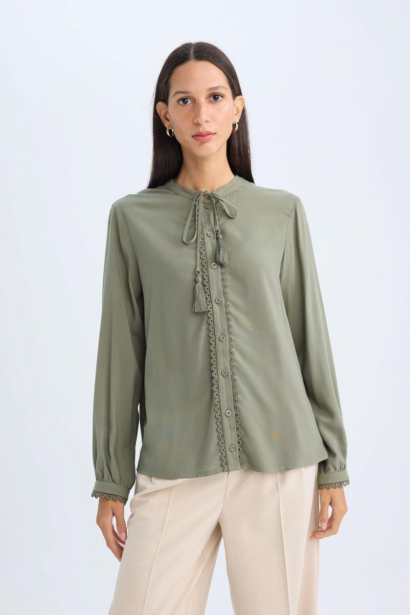Woman Khaki Regular Fit High Neck Long Sleeve Blouse