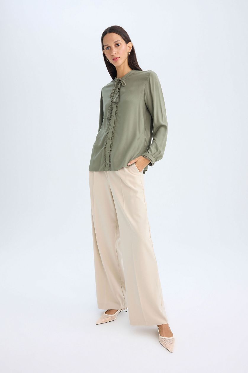 Woman Khaki Regular Fit High Neck Long Sleeve Blouse