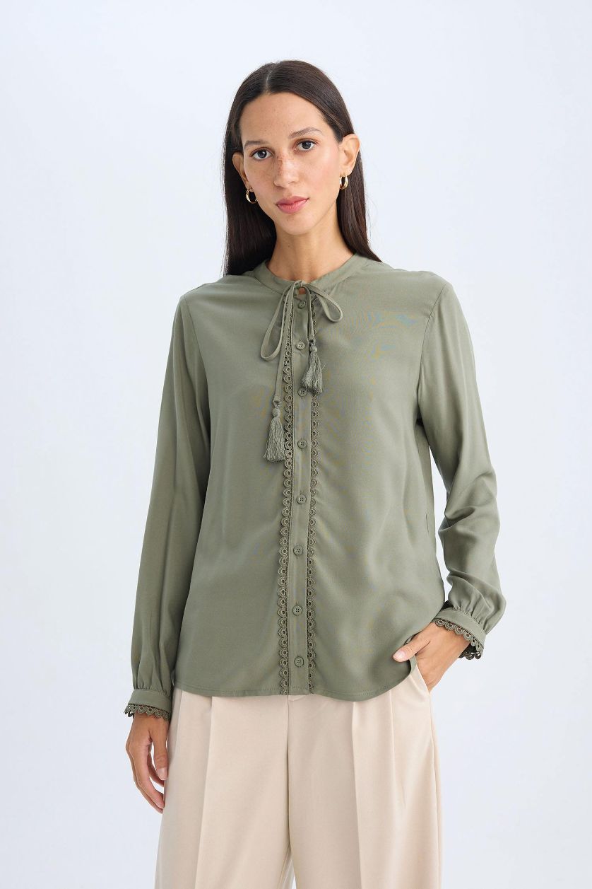 Woman Khaki Regular Fit High Neck Long Sleeve Blouse
