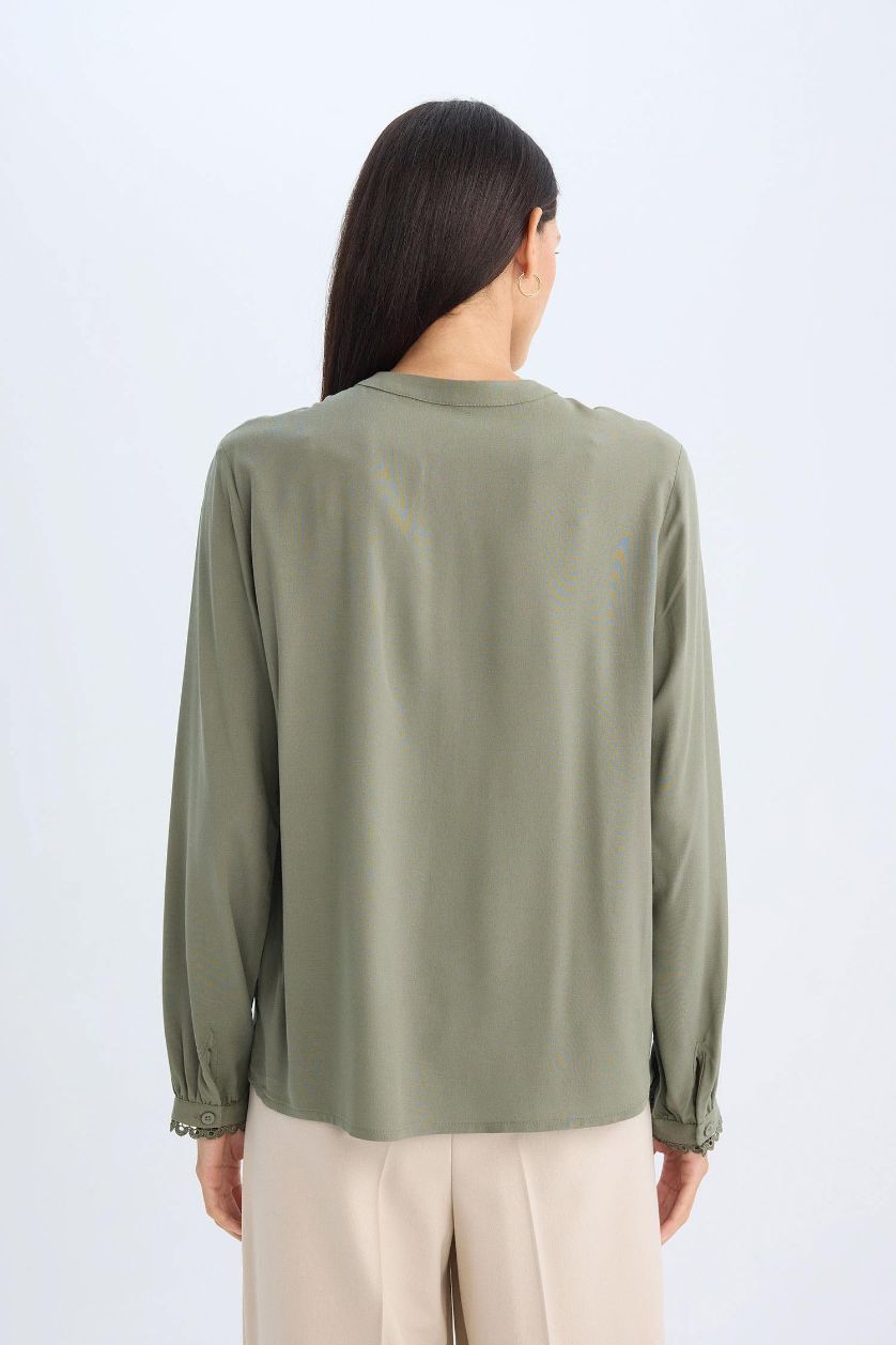 Woman Khaki Regular Fit High Neck Long Sleeve Blouse