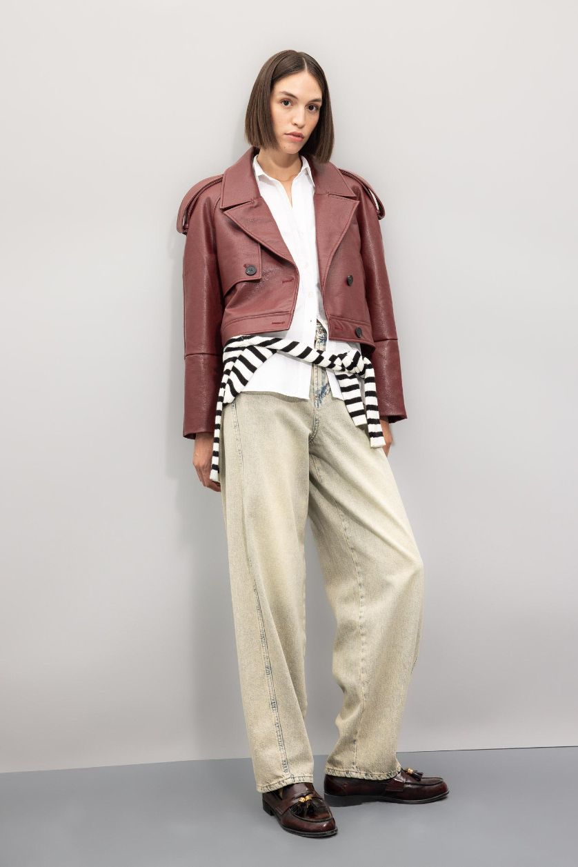 Kadın Bordo Oversize Geniş Kalıp Smokin Yaka Apoletli Suni Deri Ceket Mont