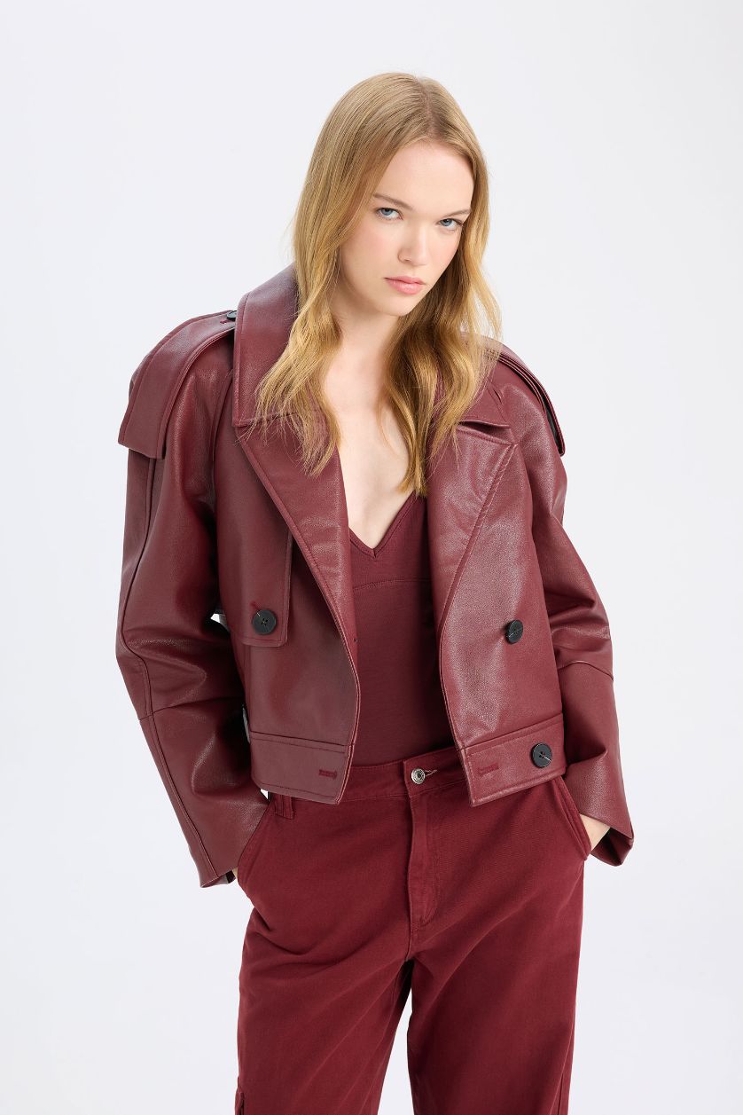 Kadın Bordo Oversize Geniş Kalıp Smokin Yaka Apoletli Suni Deri Ceket Mont