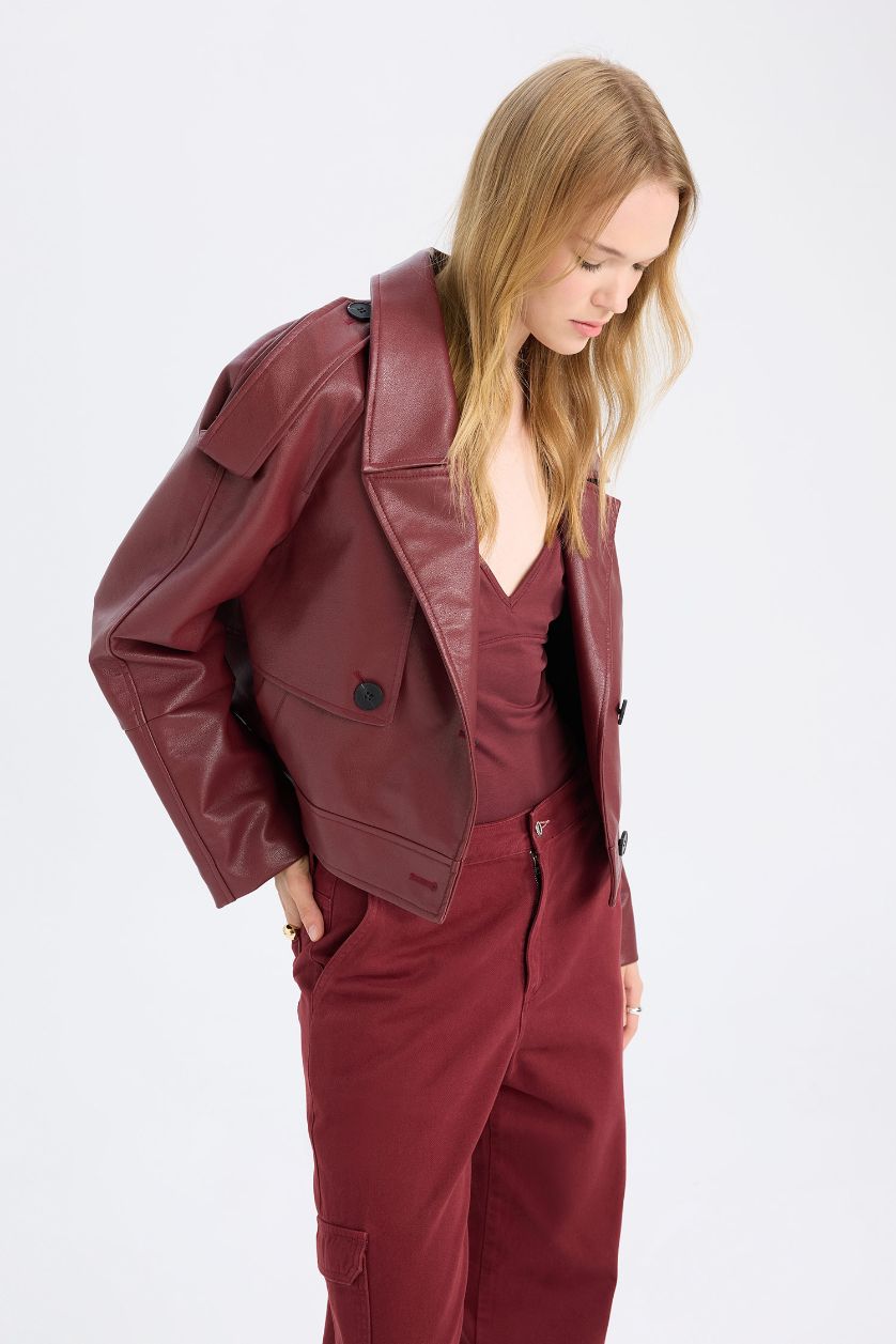 Kadın Bordo Oversize Geniş Kalıp Smokin Yaka Apoletli Suni Deri Ceket Mont