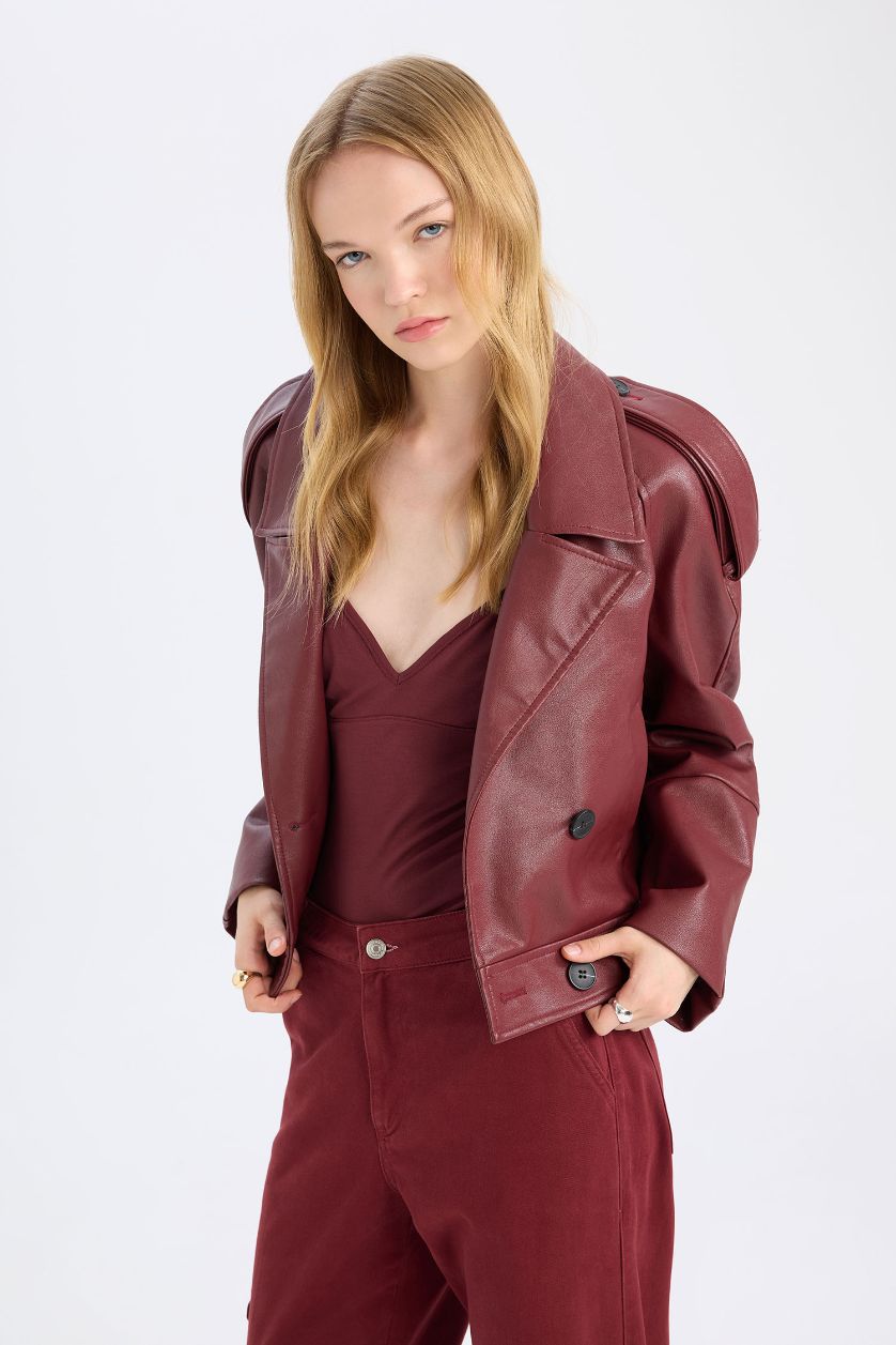 Kadın Bordo Oversize Geniş Kalıp Smokin Yaka Apoletli Suni Deri Ceket Mont