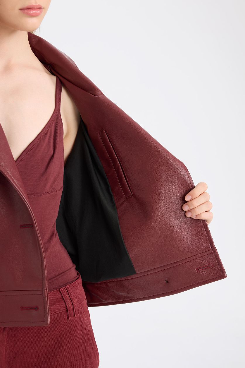 Kadın Bordo Oversize Geniş Kalıp Smokin Yaka Apoletli Suni Deri Ceket Mont