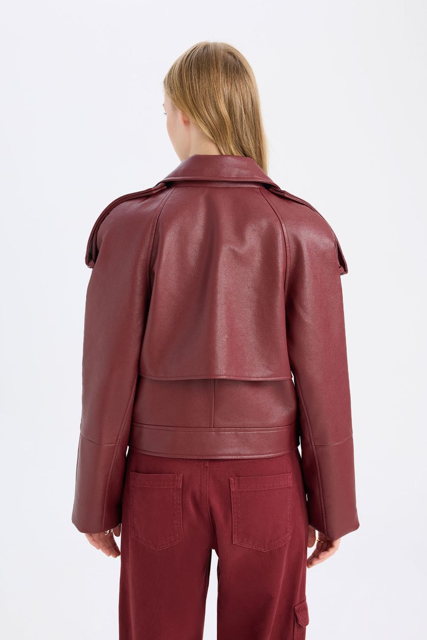 Kadın Bordo Oversize Geniş Kalıp Smokin Yaka Apoletli Suni Deri Ceket Mont