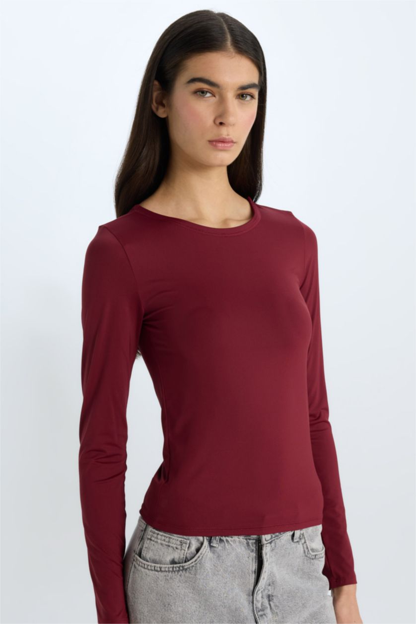 Kadın Bordo Slım Fıt Uzun Kollu Tişört