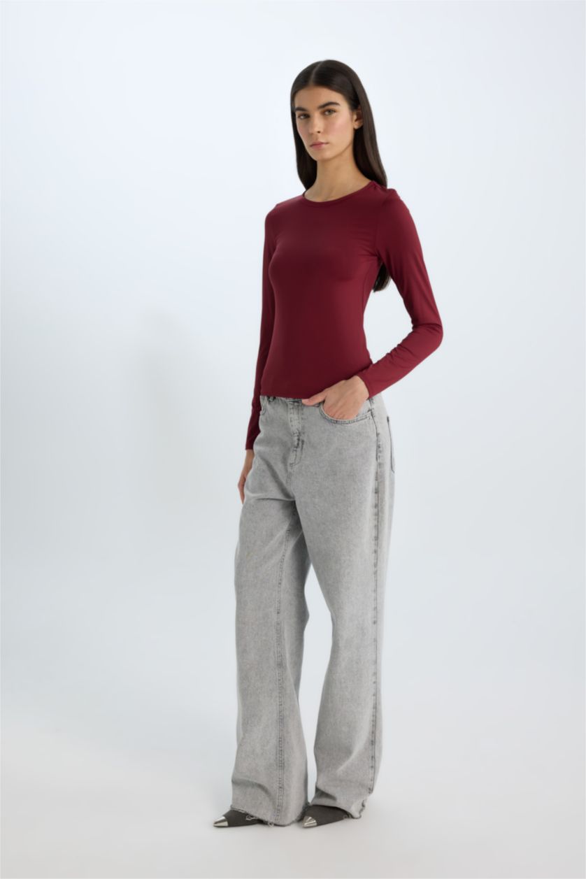 Kadın Bordo Slım Fıt Uzun Kollu Tişört
