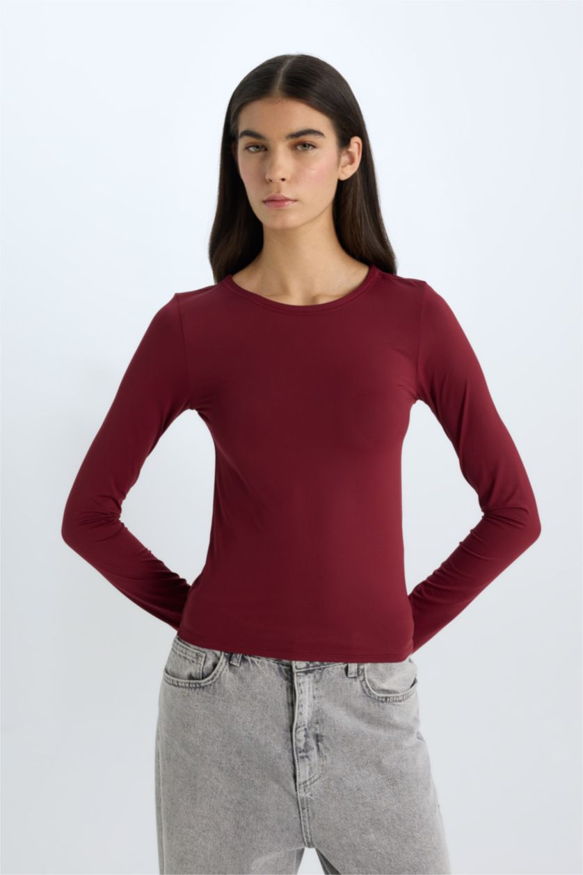 Kadın Bordo Slım Fıt Uzun Kollu Tişört