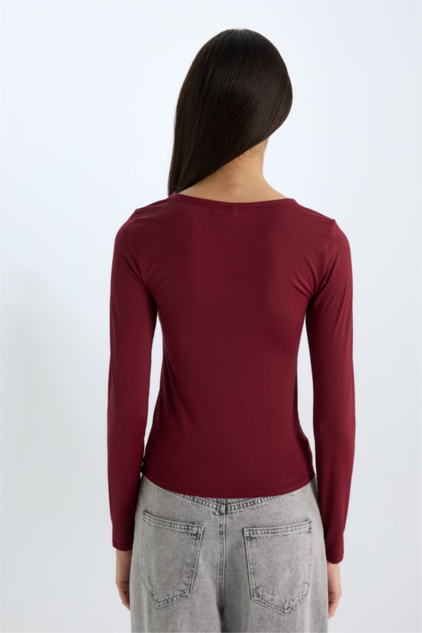 Kadın Bordo Slım Fıt Uzun Kollu Tişört