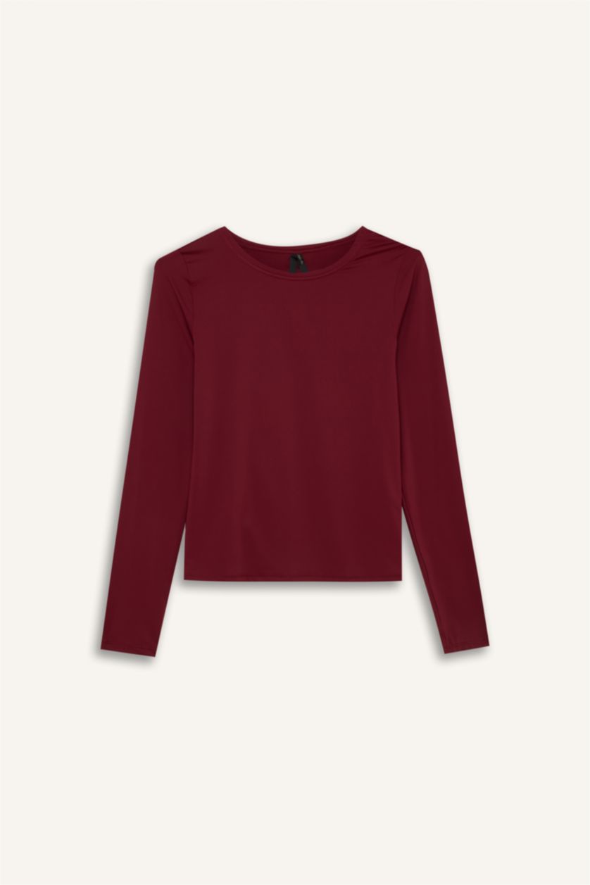 Kadın Bordo Slım Fıt Uzun Kollu Tişört